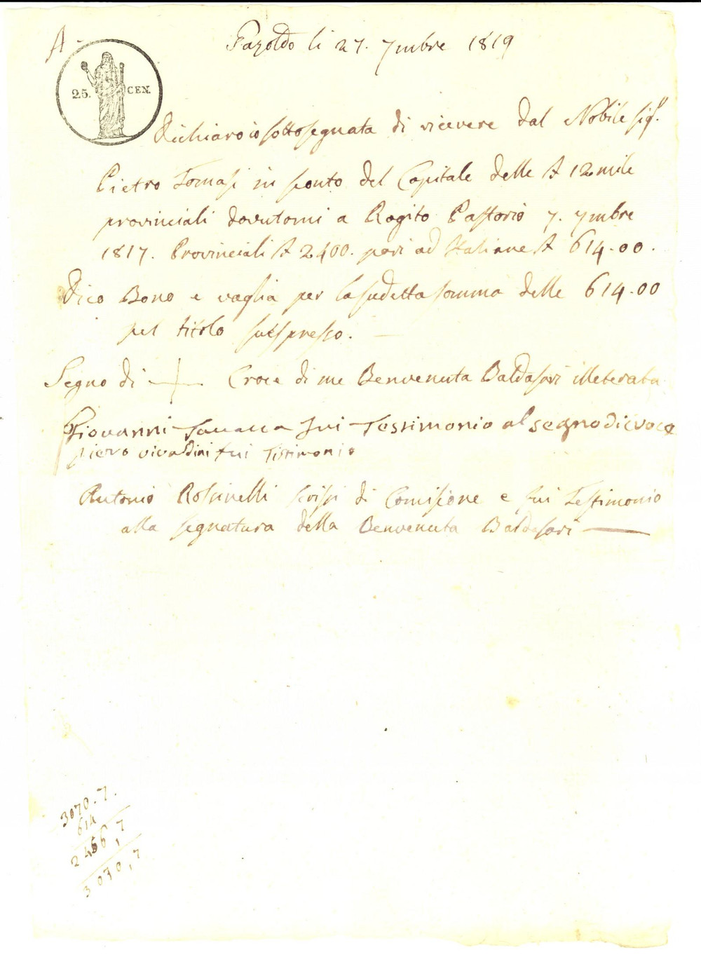 Documento originale, autentico 1819 GAZOLDO DEGLI IPPOLITI MN Ricevuta Benvenuta BALDASSARRI a Pietro TOMMASI 1