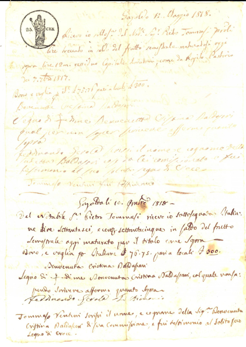 Documento originale, autentico 1818 GAZOLDO DEGLI IPPOLITI Benvenuta BALDASSARI riceve saldo da Pietro TOMMASI 1