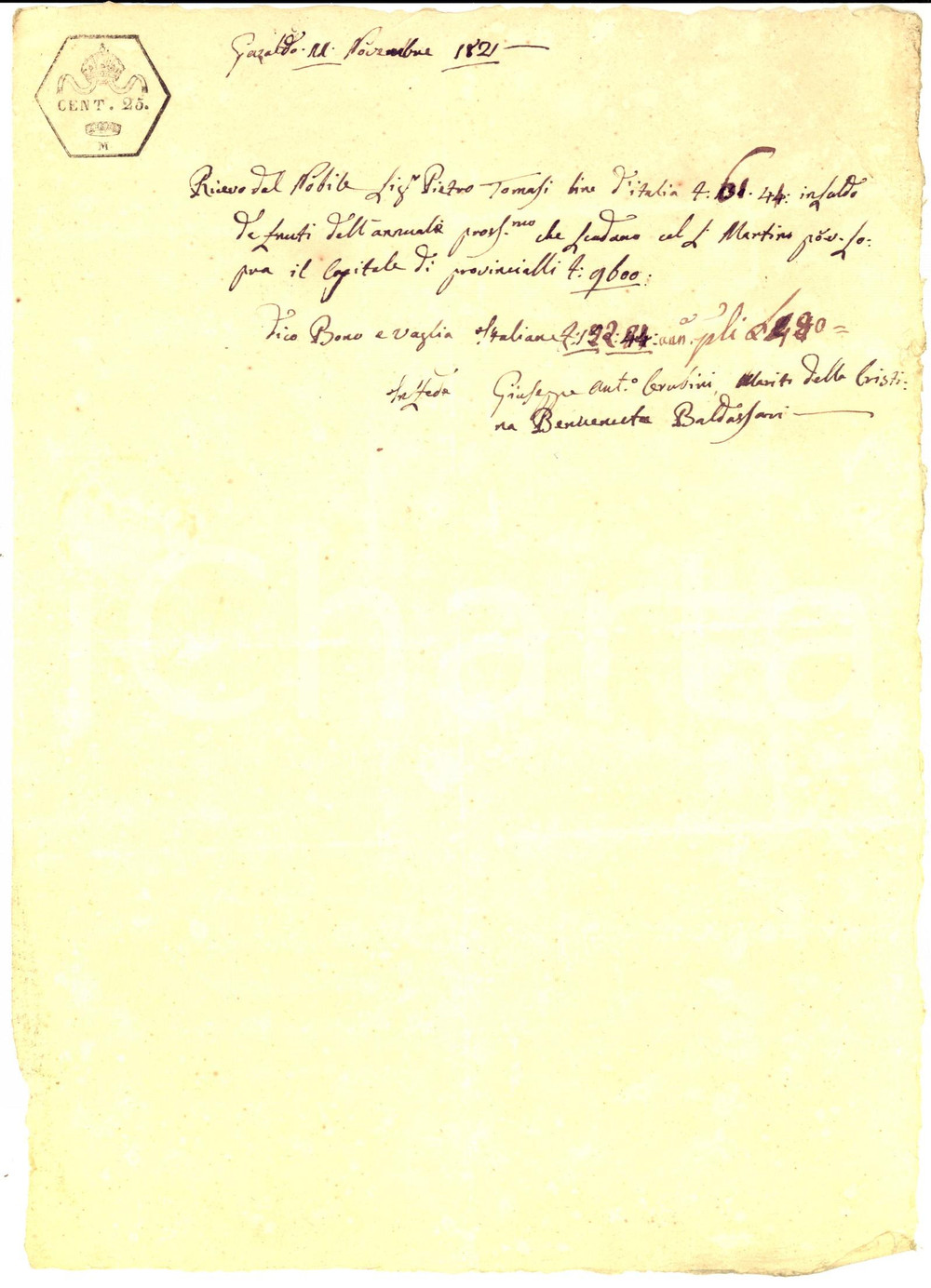 Documento originale, autentico 1821 GAZOLDO DEGLI IPPOLITI Ricevuta Giuseppe Antonio CHERUBINI a Pietro TOMMASI 1
