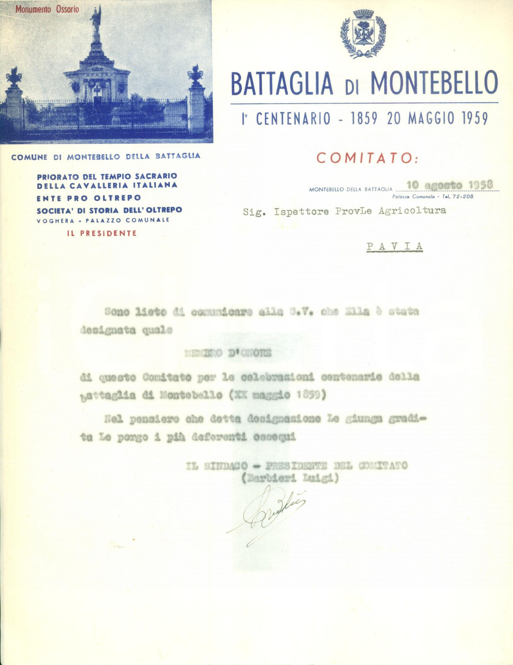 Documento originale, autentico 1958 MONTEBELLO DELLA BATTAGLIA (PV) Primo Centenario 1859-1959 Carta intestata 1