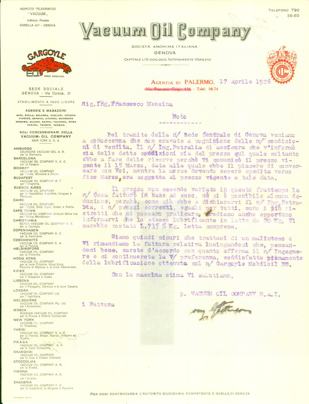 Documento originale, autentico 1926 PALERMO Società VACUUM OIL COMPANY Lettera commerciale intestata 1