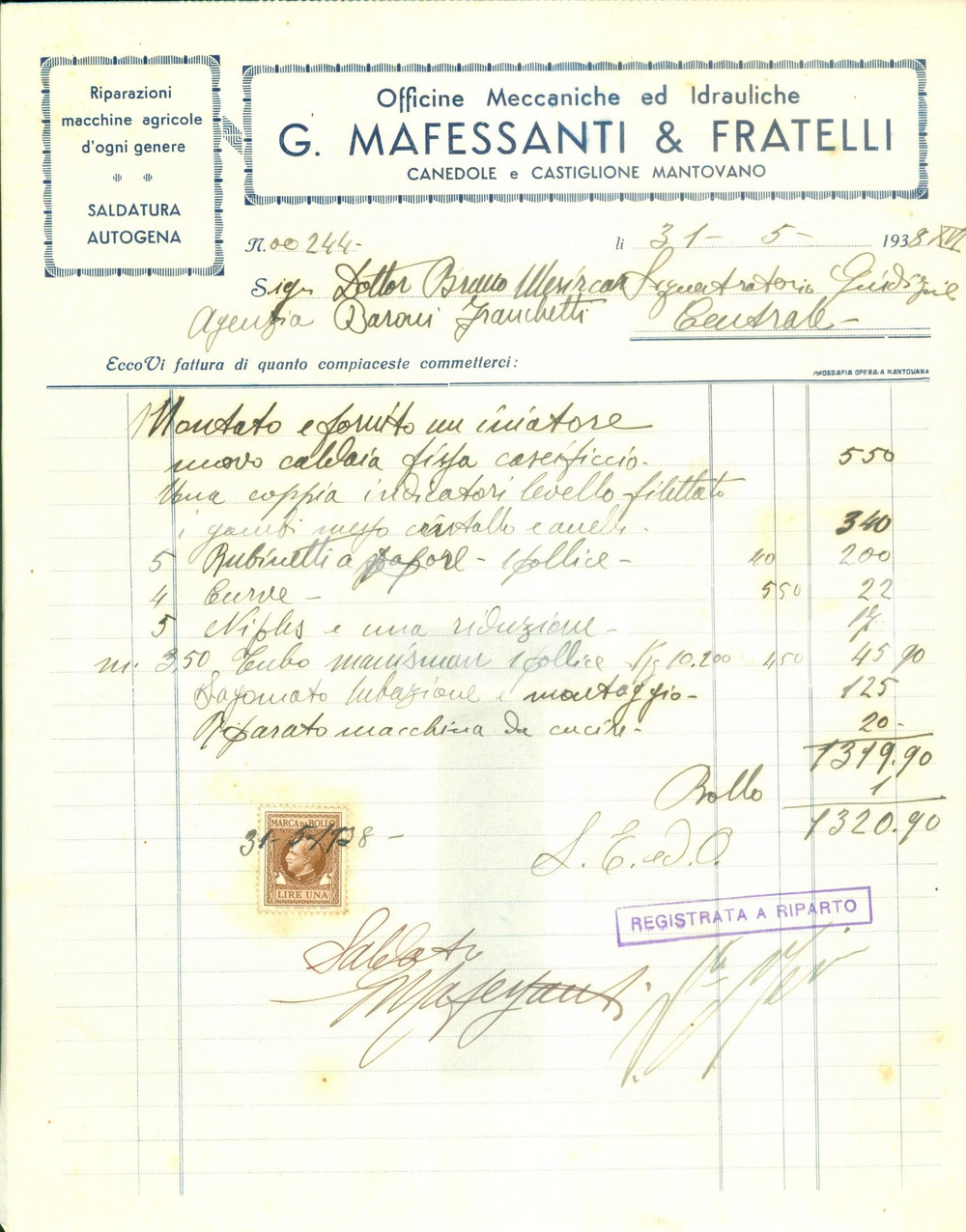 Documento originale, autentico 1938 CANEDOLE MN Officine Meccaniche Idrauliche MAFESSANTI & Fratelli Fattura 1
