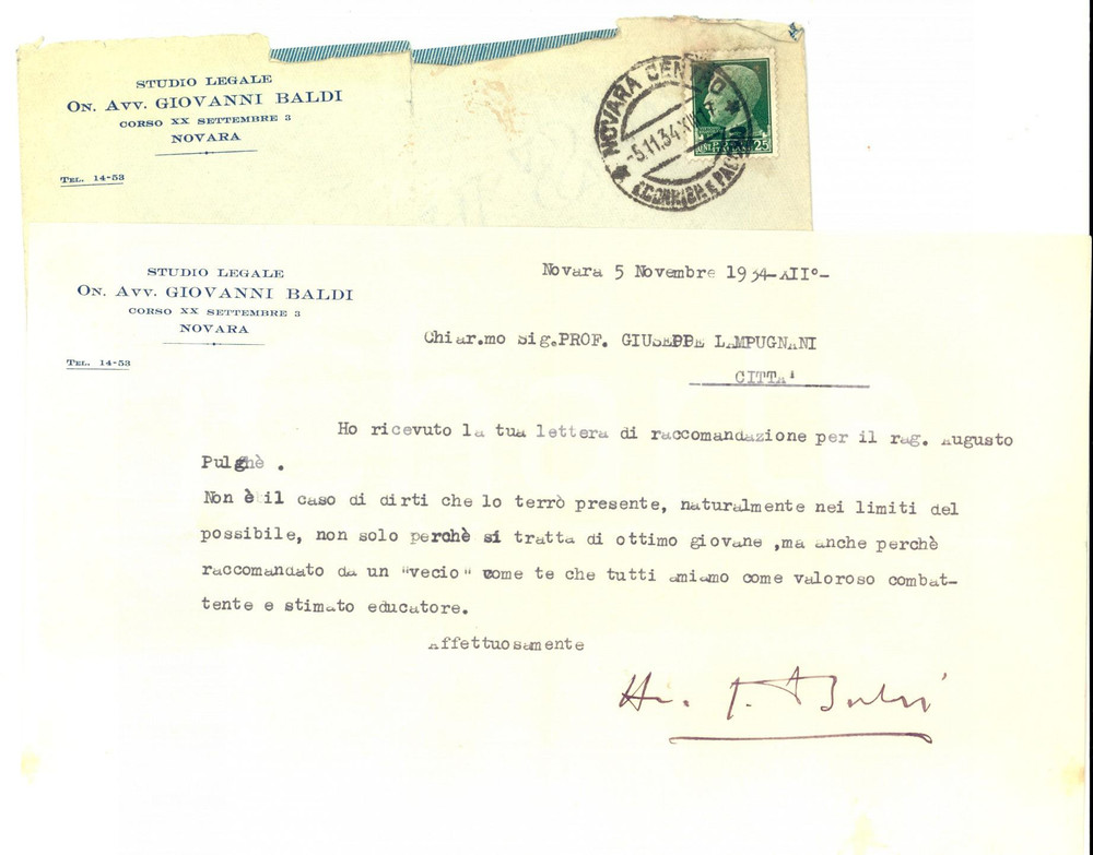 Autografo originale 1934 NOVARA Avv. Giovanni BALDI promette di tenere presente un raccomandato 1
