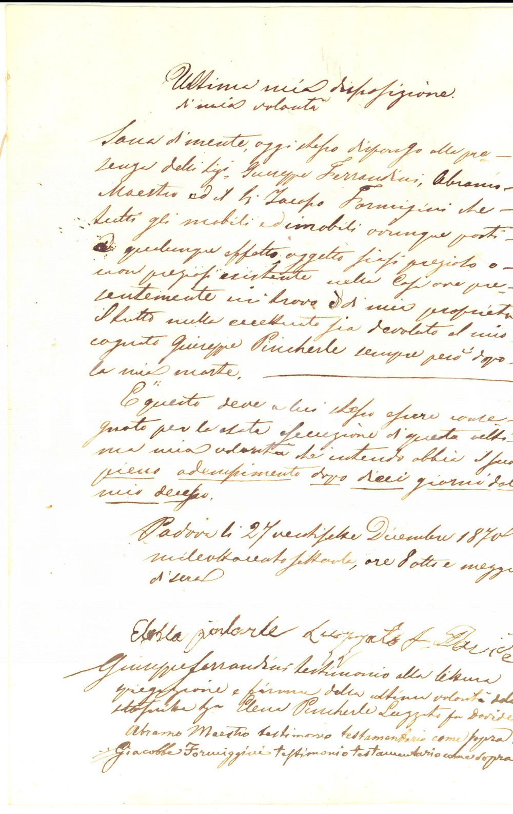 Documento originale, autentico 1870 PADOVA Testamento di Elena PINCHERLE LUZZATO a favore del cognato Giuseppe 1