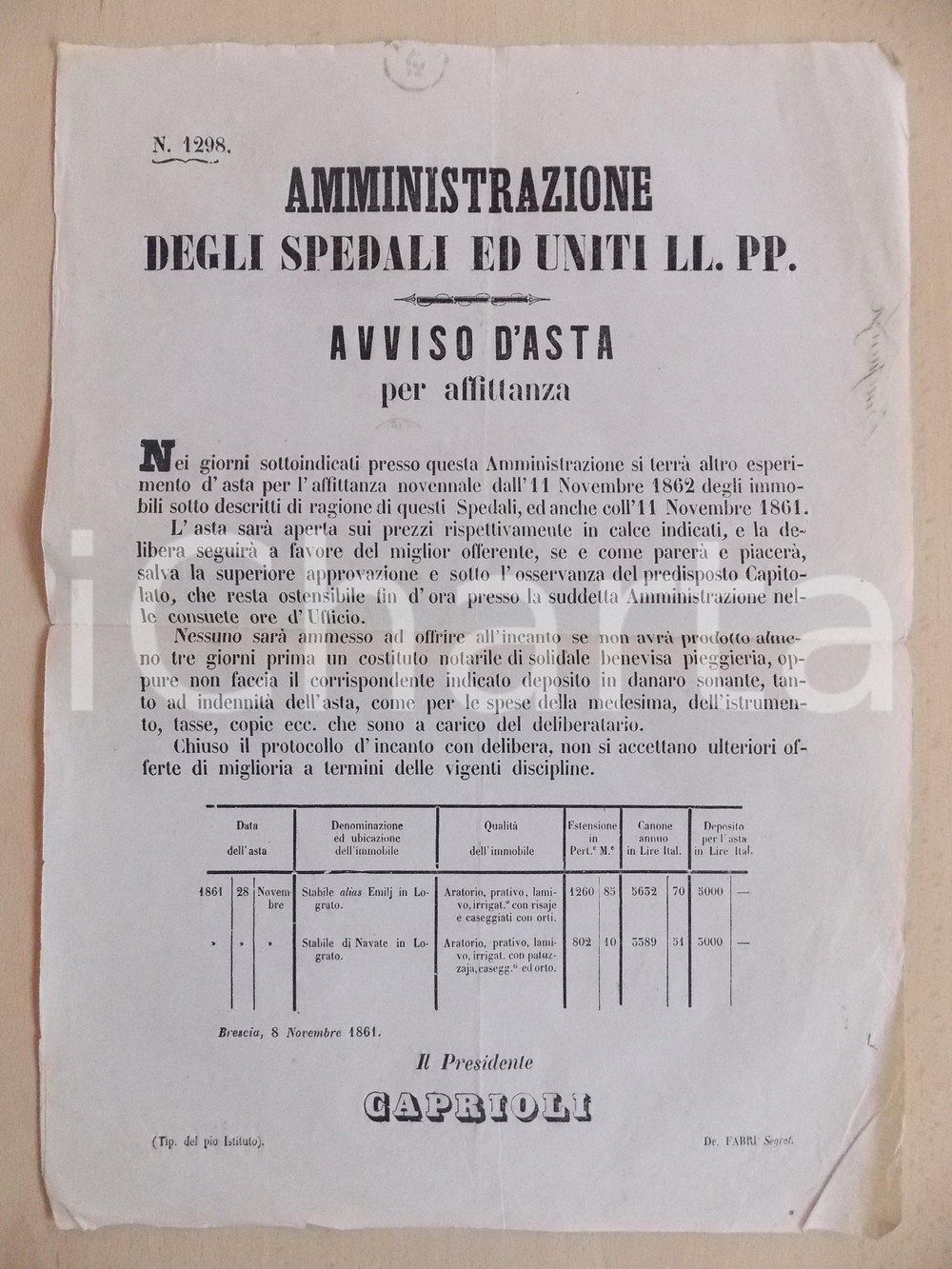Documento originale, autentico 1861 BRESCIA Bando per taglio della legna a SANT'EUFEMIA DELLA FONTE *Manifesto 1
