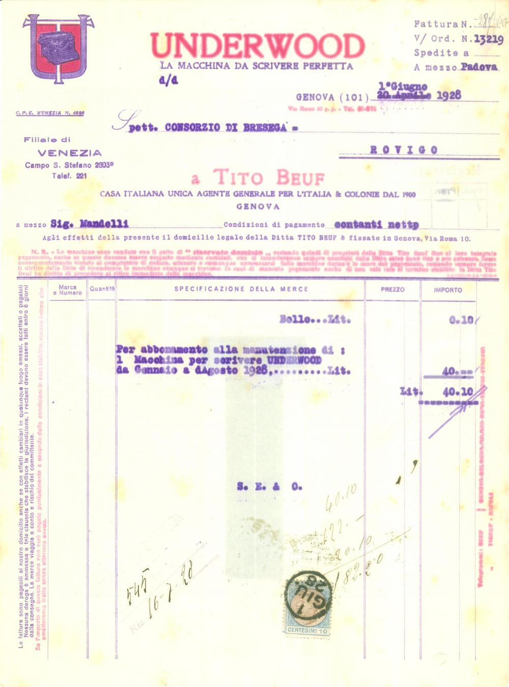 Documento originale, autentico 1928 GENOVA Underwood La macchina da scrivere perfetta *Fattura dattiloscritta 1