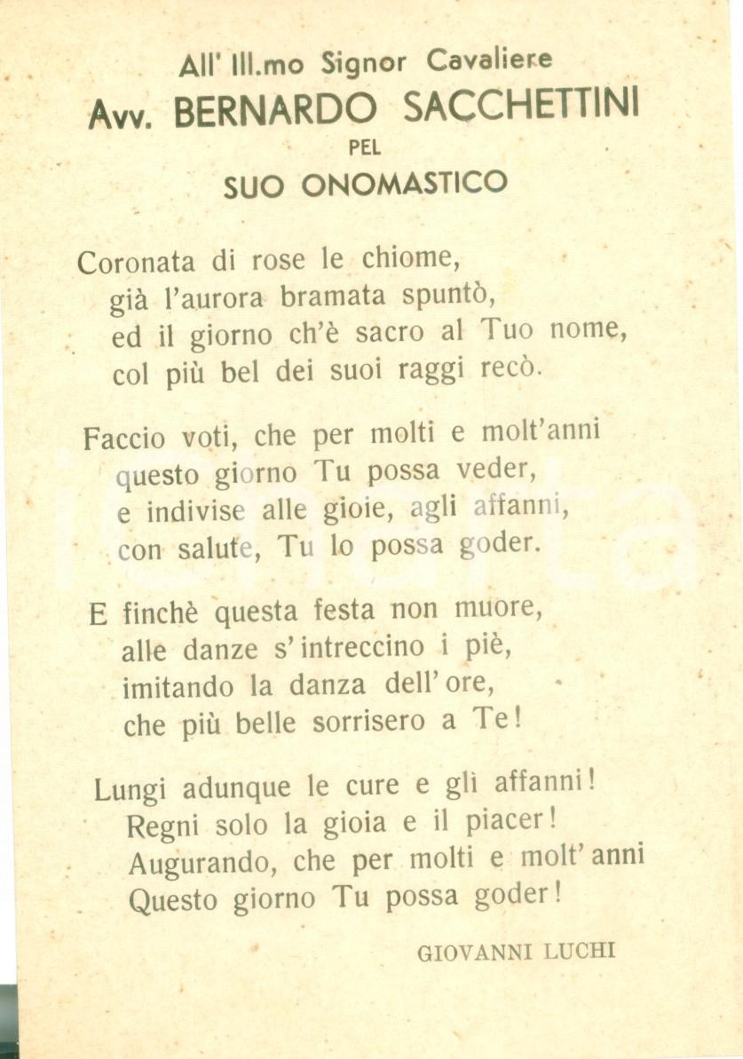 Documento originale, autentico 1900 ca PERUGIA All Avvocato Bernardo SACCHETTINI pel suo onomastico Cartoncino 1