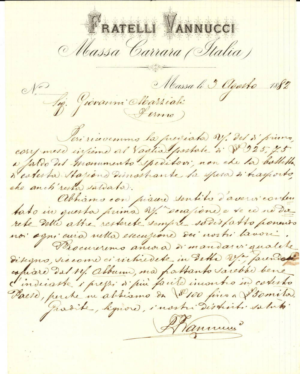 Documento originale, autentico 1882 MASSA CARRARA Ditta FRATELLI VANNUCCI Ricevuta per monumento in marmo 1