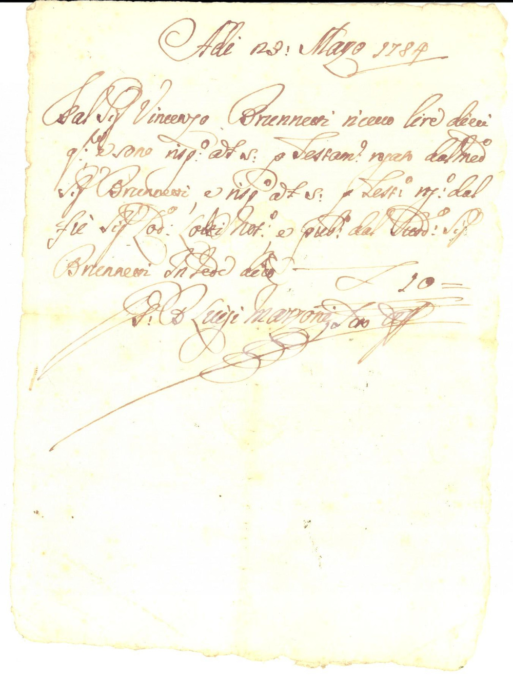 Documento originale, autentico 1784 REGGIO EMILIA Ricevuta del notaio Luigi MAZZONI a Vincenzo BRUNNETTI 1