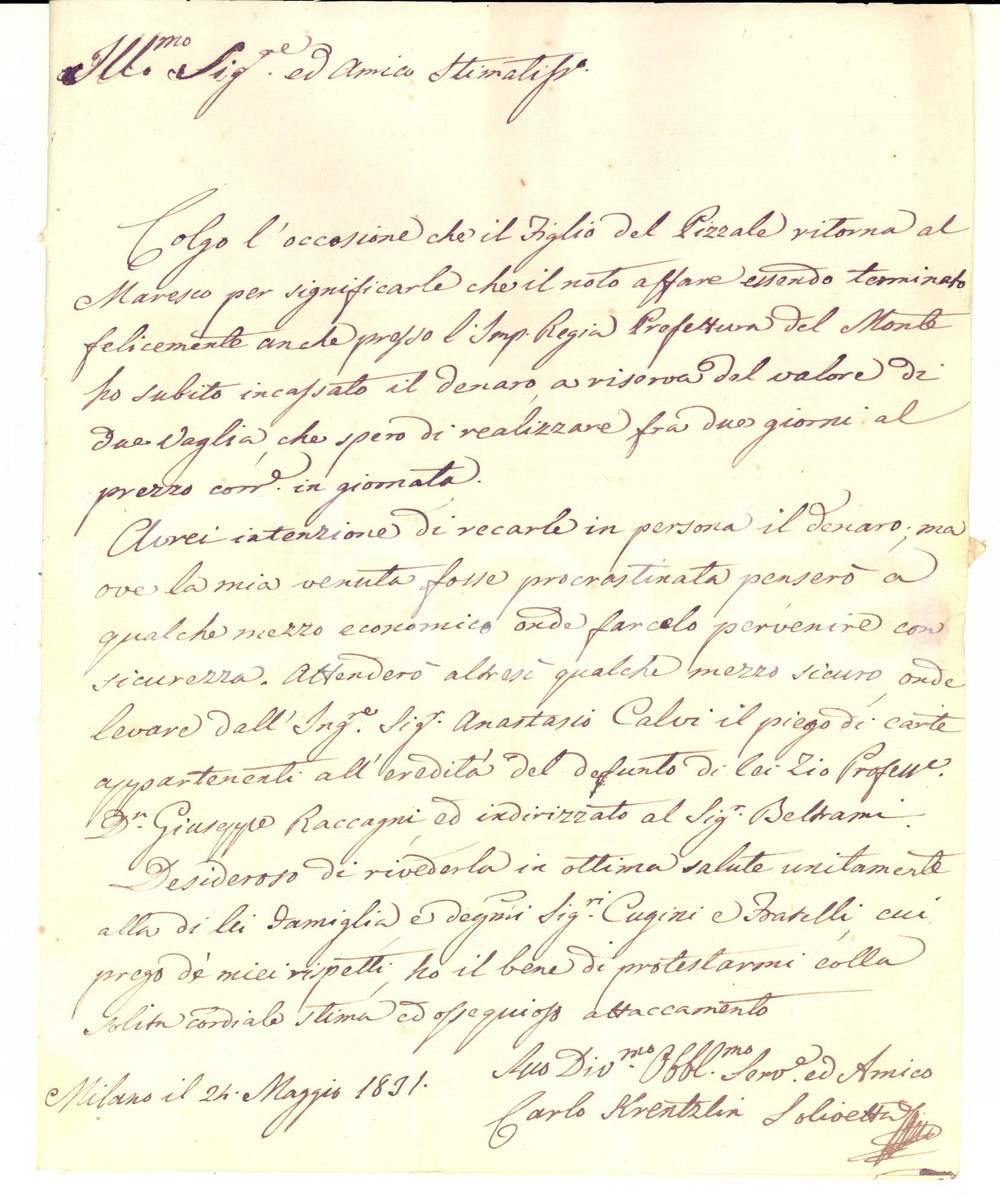 Manoscritto, lettera originale 1831 MILANO Carlo KRENTZLIN SOLIVETTA lieto per la conclusione di un affare 1