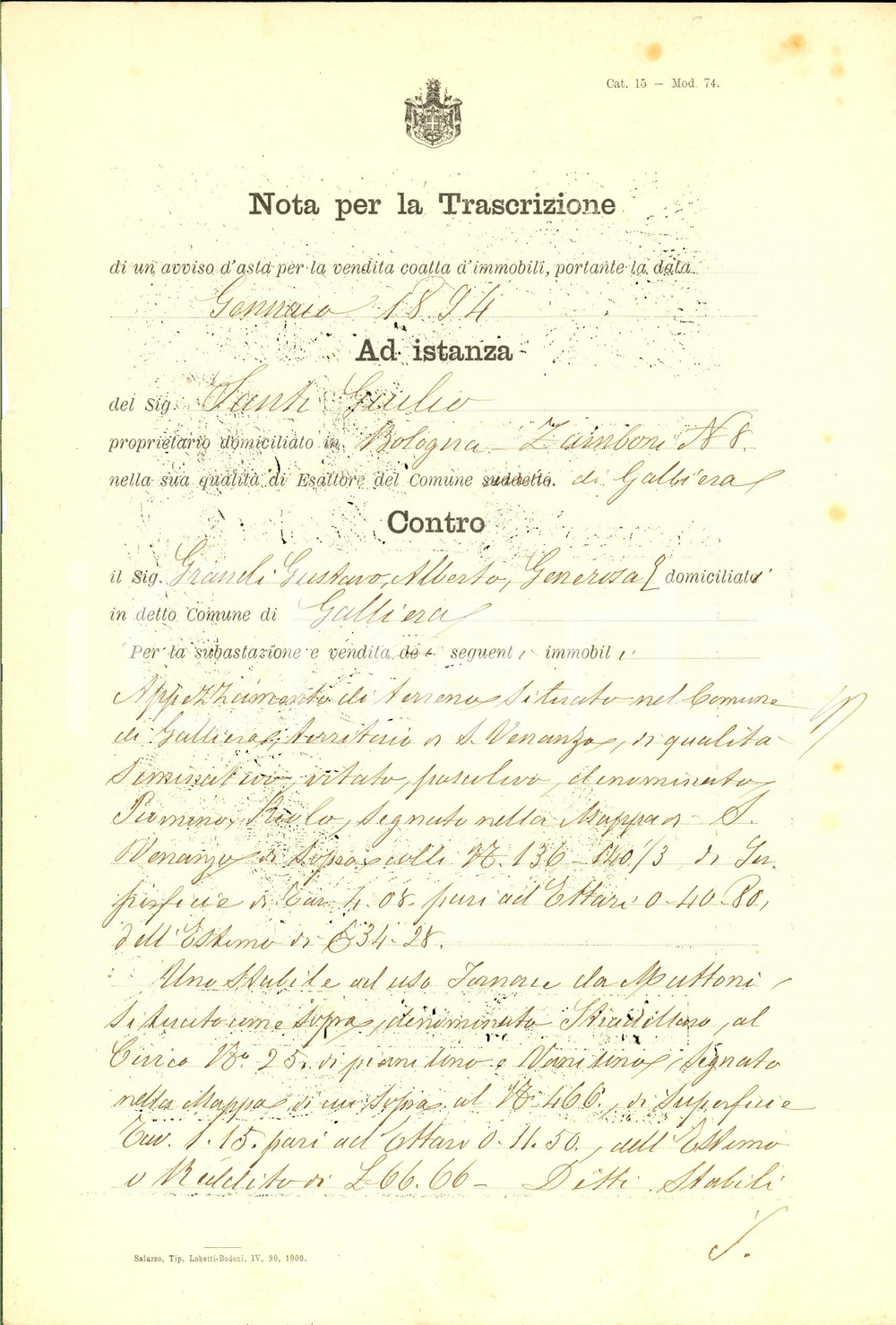 Documento originale, autentico 1894 GALLIERA (BO) Vendita all'asta della fornace da mattoni di Gustavo GRANDI 1