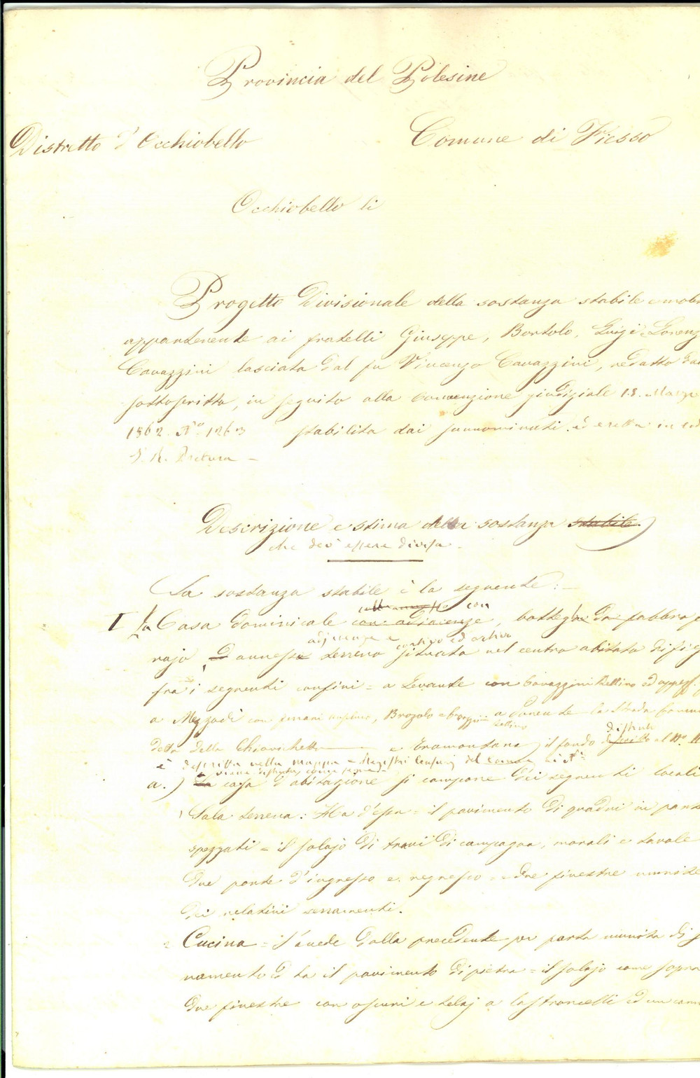 Documento originale, autentico 1862 FIESSO UMBERTIANO (RO) Divisione tra eredi CAVAZZINI case e botteghe fabbro 1