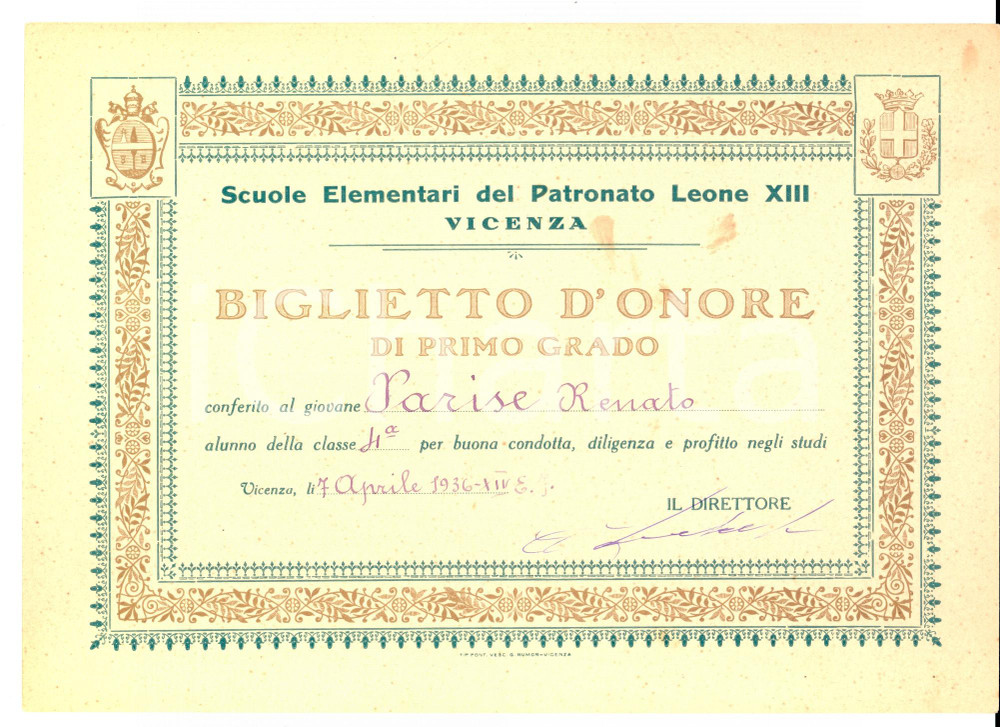 Documento originale, autentico 1936 VICENZA Scuole Patronato Leone XIII  Buona condotta di Renato PARISE 1
