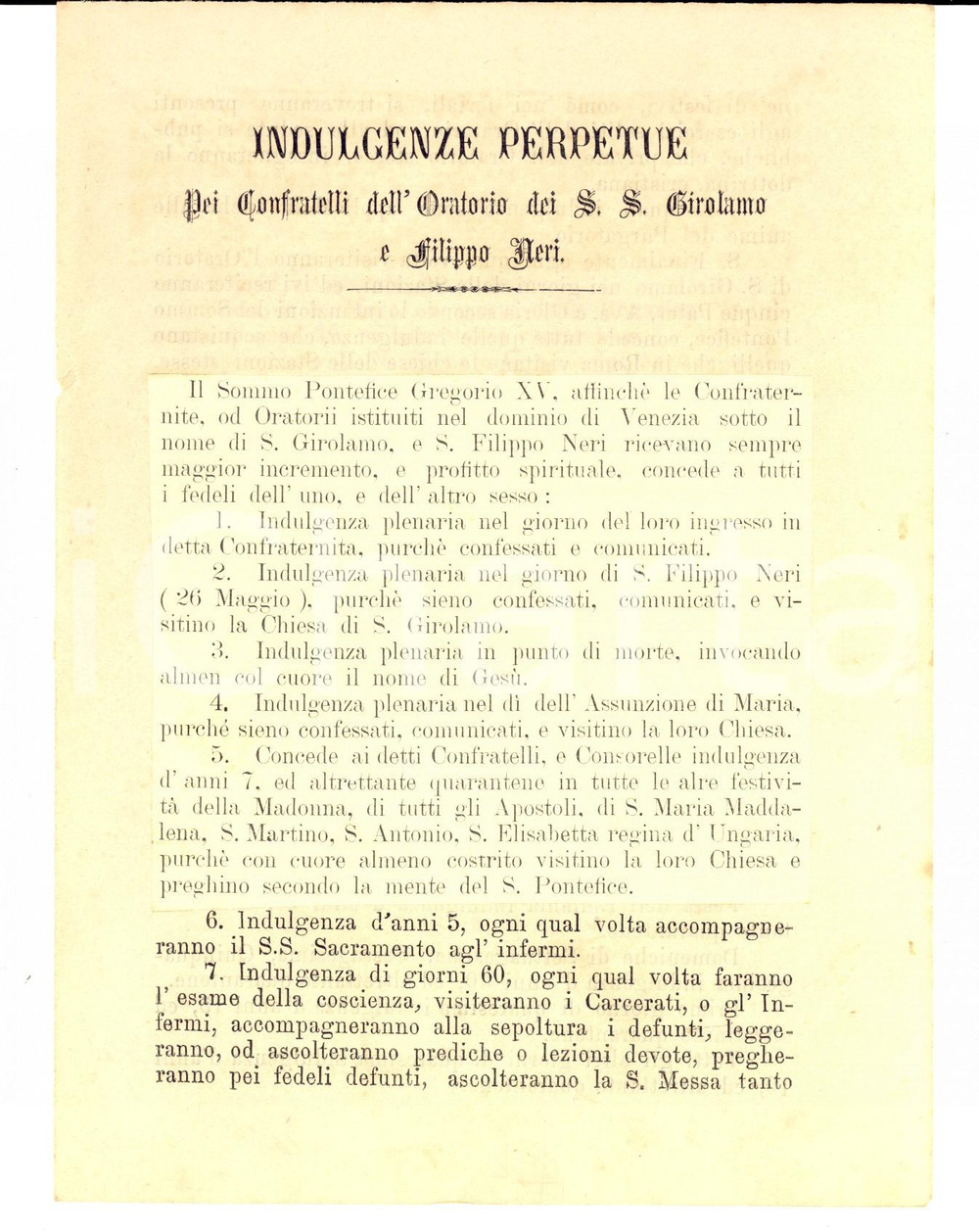 Documento originale, autentico 1907 ESTE Oratorio SS. GEROLAMO E FILIPPO NERI Indulgenze perpetue confratelli 1