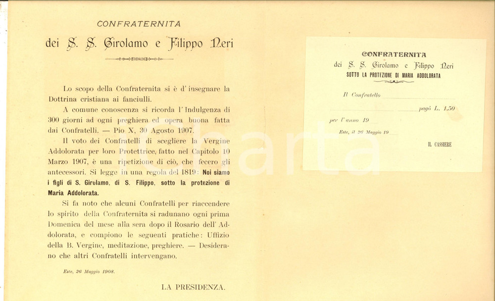 Documento originale, autentico 1908 ESTE Oratorio SS. GEROLAMO E FILIPPO NERI Scopi e moduli per le riunioni 1