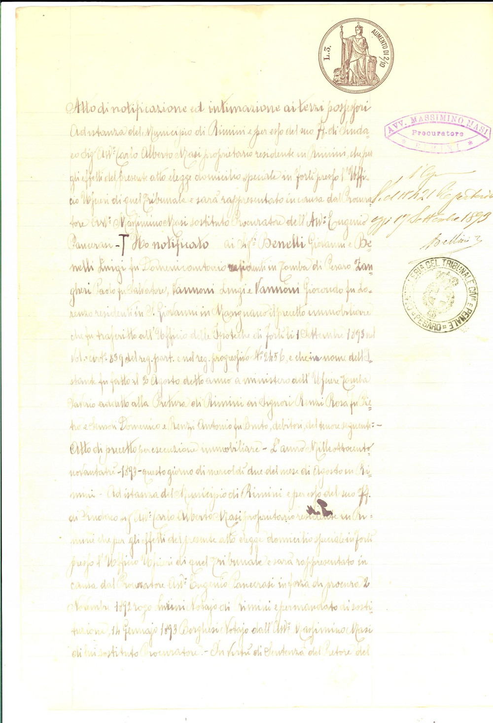 Documento originale, autentico 1893 SAN GIOVANNI IN MARIGNANO (RN) Notifica della condanna di Domenico SENSOLI 1