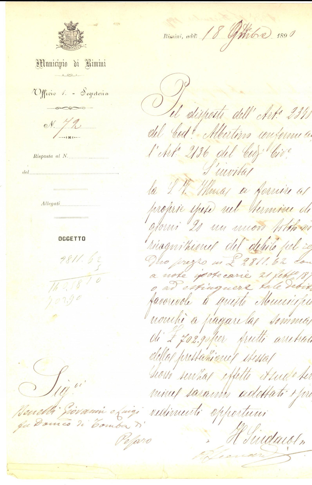 Documento originale, autentico 1890 TAVULLIA (PU) Richiesta a Giovanni e Luigi BENELLI di titolo per debito 1