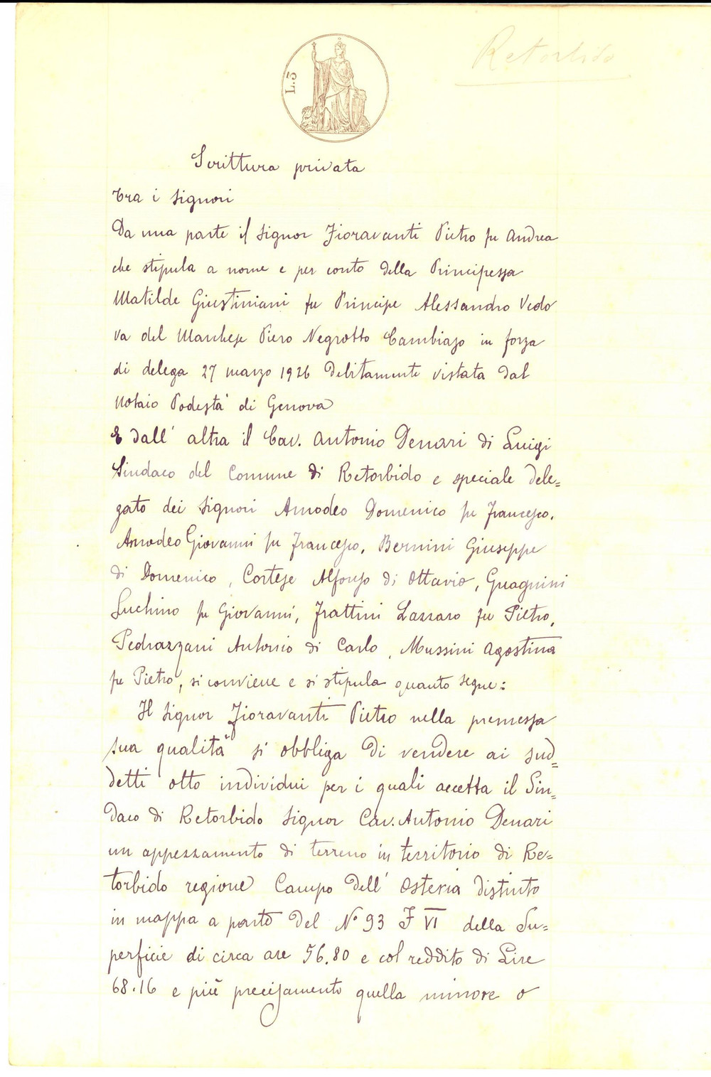 Documento originale, autentico 1926 RETORBIDO Matilde NEGROTTO CAMBIASO vende terra per otto case operaie 1