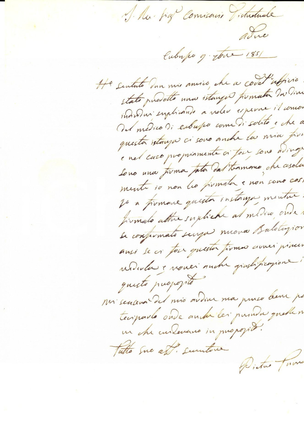 Documento originale, autentico 1851 ERBUSCO (BS) Non sono cosÃ¬ gonzo a firmare questa istanza *Pietro TROVA 1