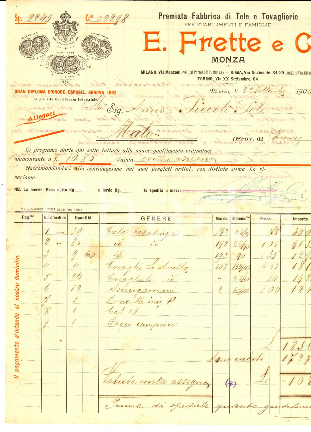 Documento originale, autentico 1900 MONZA Fabbriche telerie FRETTE & C. Fattura intestata per tovaglie 1