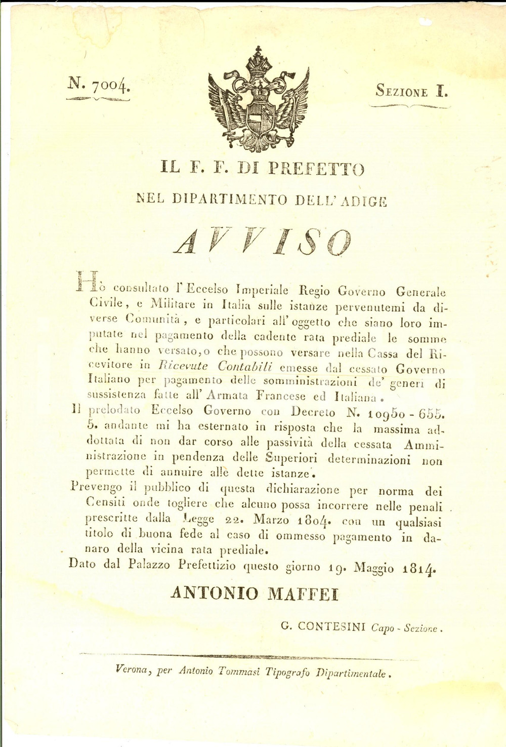 Documento originale, autentico 1814 DIPARTIMENTO DELL'ADIGE VERONA Della rata prediale *Manifesto 21x30 cm 1