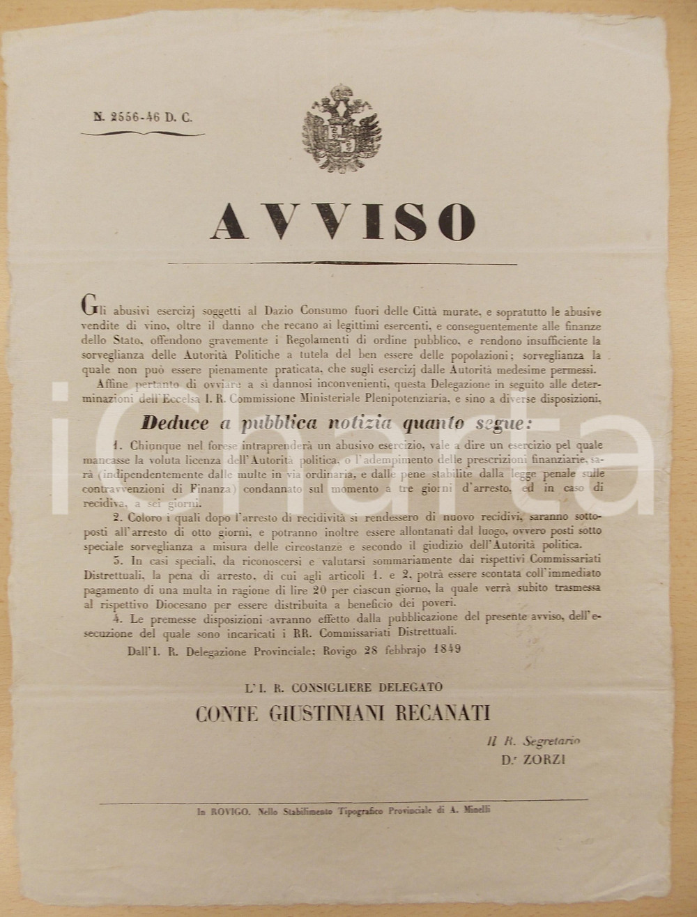 Documento originale, autentico 1849 ROVIGO DAZIO CONSUMO Contro le vendite abusive di vino *Manifesto 30x40 cm 1