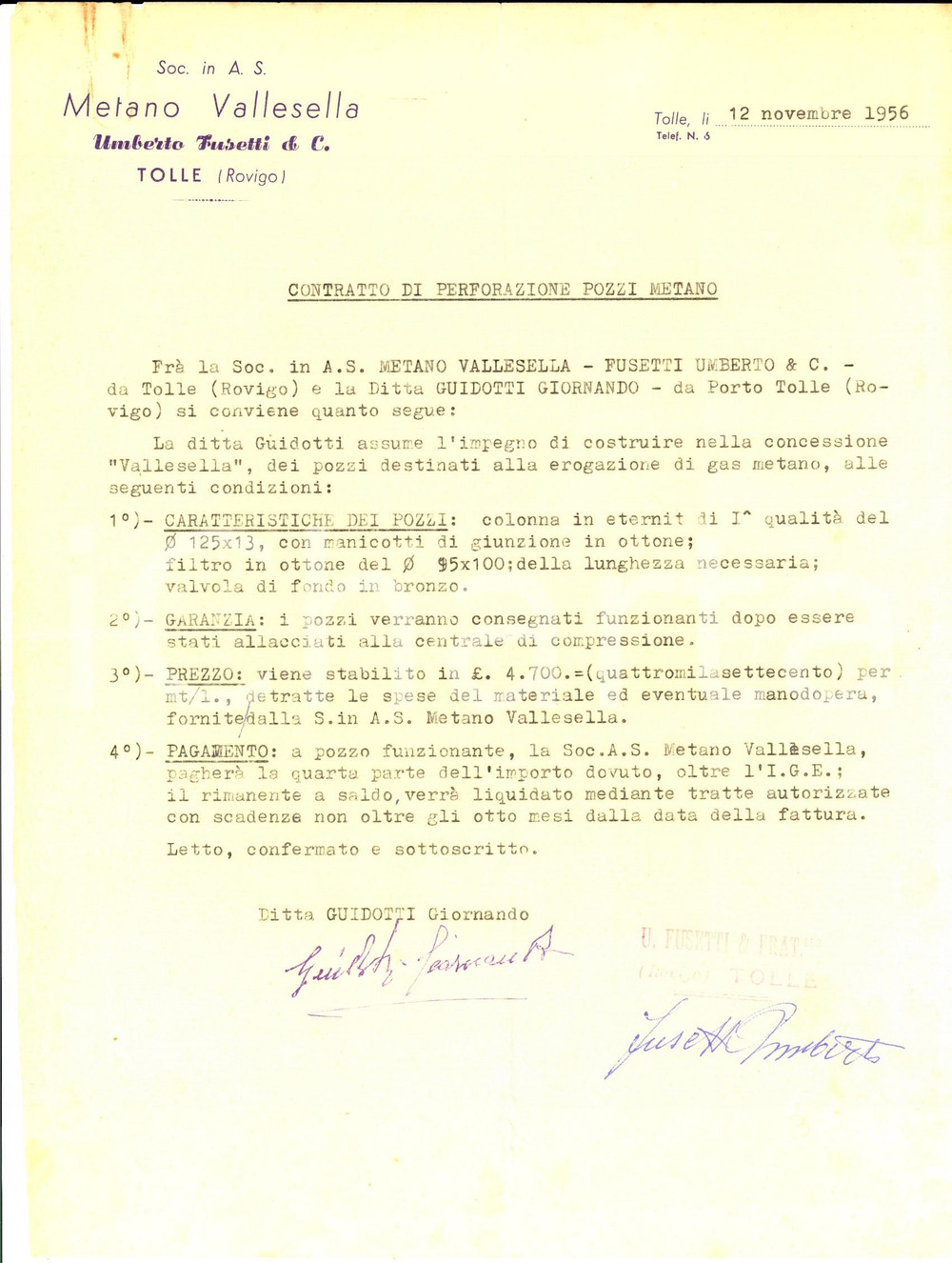Manoscritto, lettera originale 1956 PORTO TOLLE Società METANO VALLESELLA Umberto TUSETTI Perforazione pozzi 1