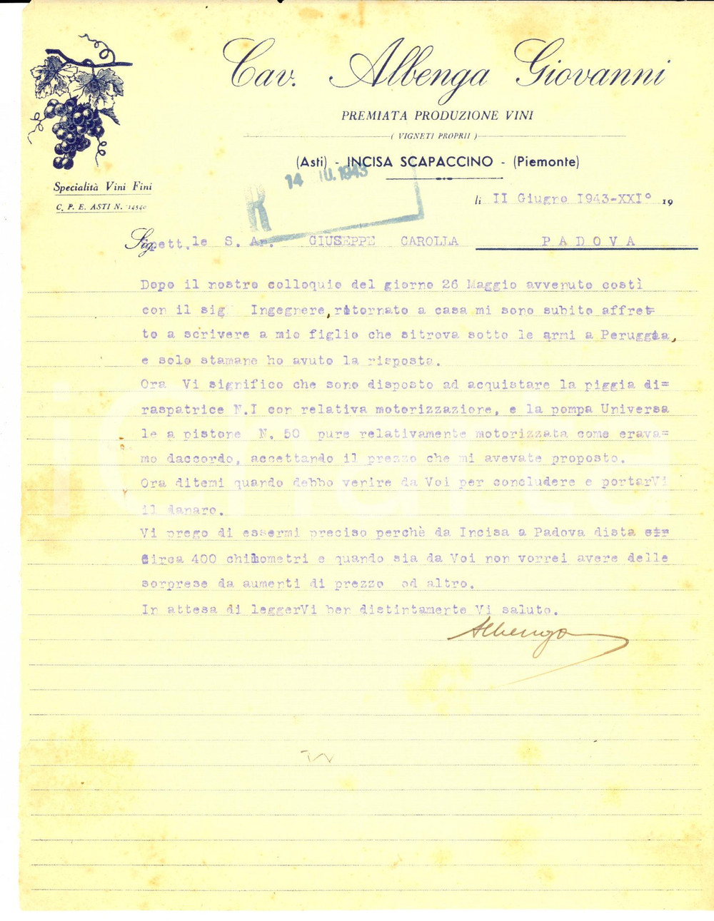 Manoscritto, lettera originale 1943 INCISA SCAPACCINO (AT) Vini cav. Giovanni ALBENGA *Lettera commerciale 1