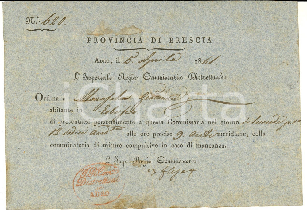 Documento originale, autentico 1841 ADRO (BS) Mandato di comparizione per Giovanni MORASCHI di ERBUSCO 1