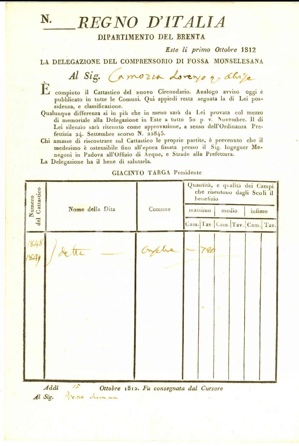 Documento originale, autentico 1812 CONSELVE (PD) Possedimenti di Lorenzo CAMOZZA -  Fossa MONSELESANA 1
