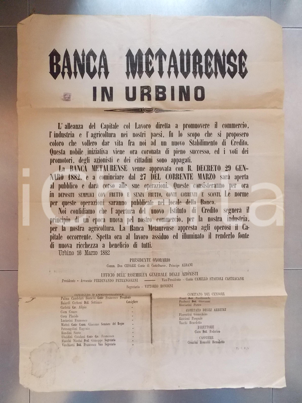 Documento originale, autentico 1882 URBINO Apertura della BANCA METAURENSE Manifesto cm 65 x 94 1