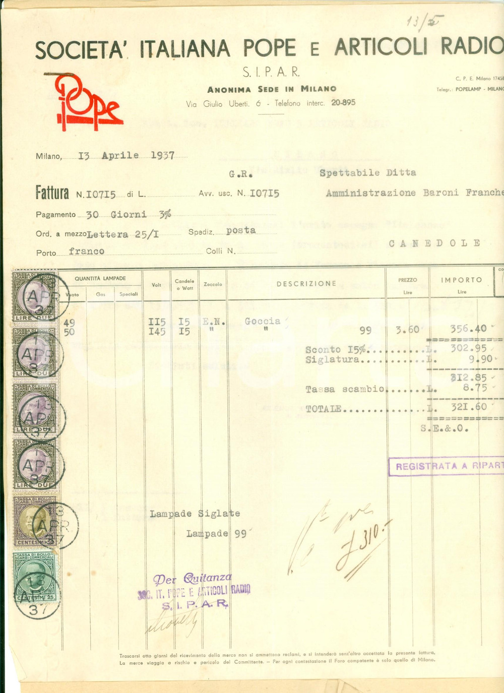 Documento originale, autentico 1937 MILANO Via Ubereti 6 Società Italiana Pope Articoli Radio SIPAR Fattura 1