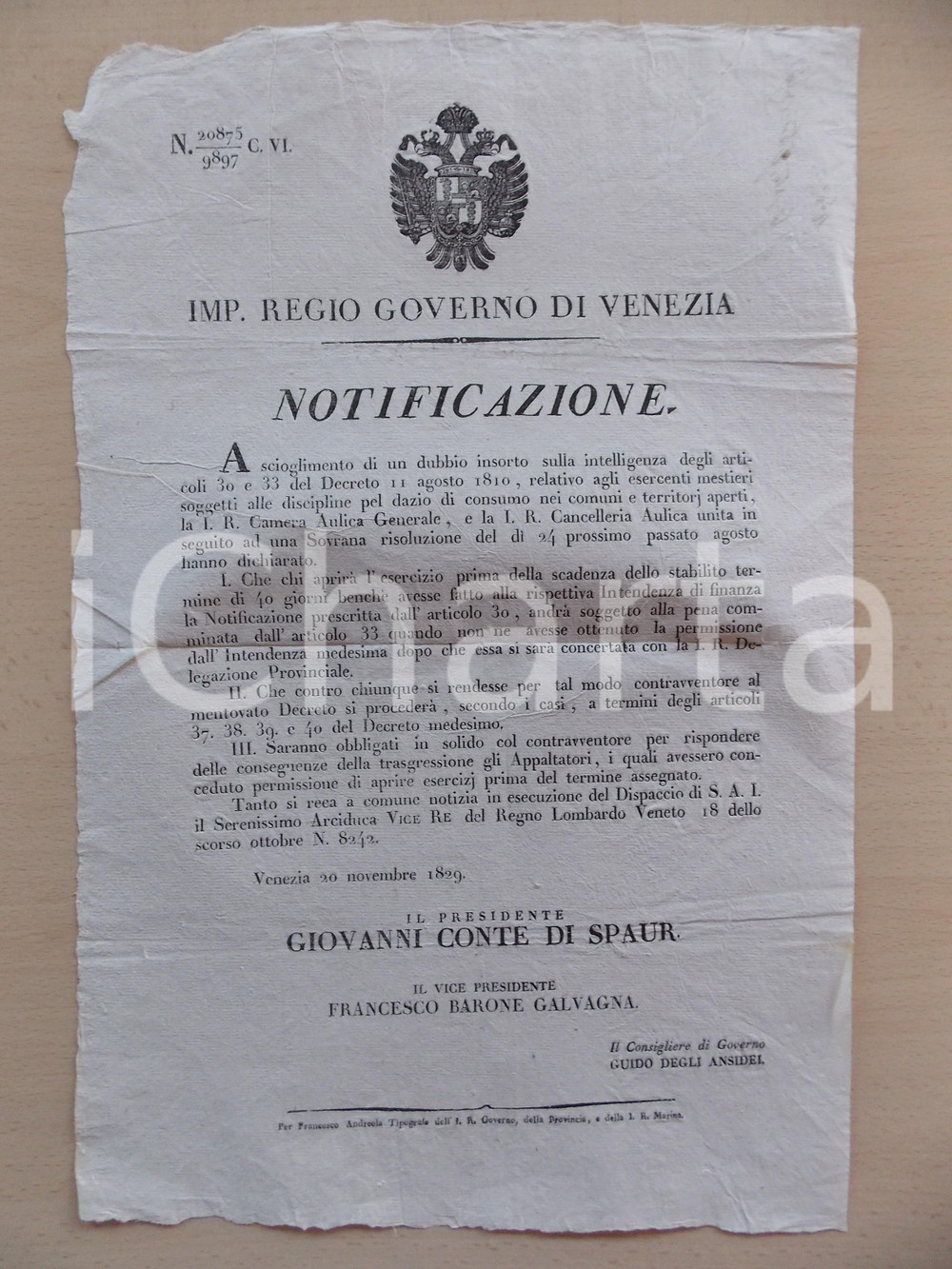 Documento originale, autentico 1829 PADOVA REGNO LOMBARDO VENETO Norme per esercenti mestieri Manifesto 27 x 42 1