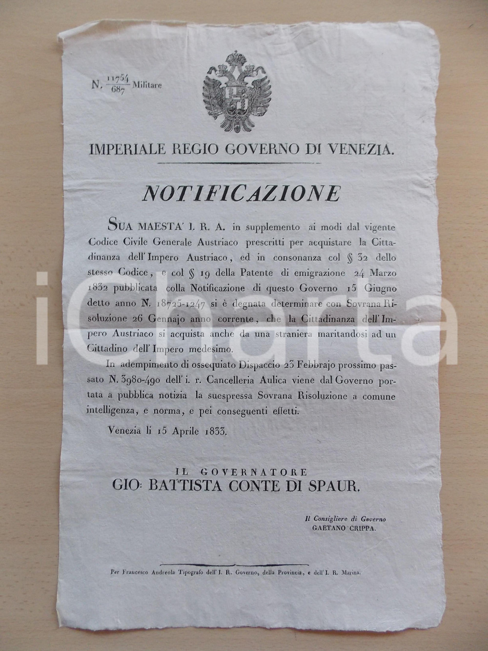 Documento originale, autentico 1833 PADOVA REGNO LOMBARDO VENETO Cittadinanza Impero Austriaco *Manifesto 26x42 1