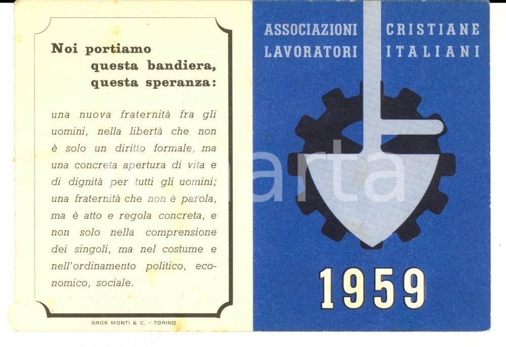 Oggetto da collezione cartaceo 1959 POPPI AR Circolo ACLI Tessera compilata Bollo AGIS 1