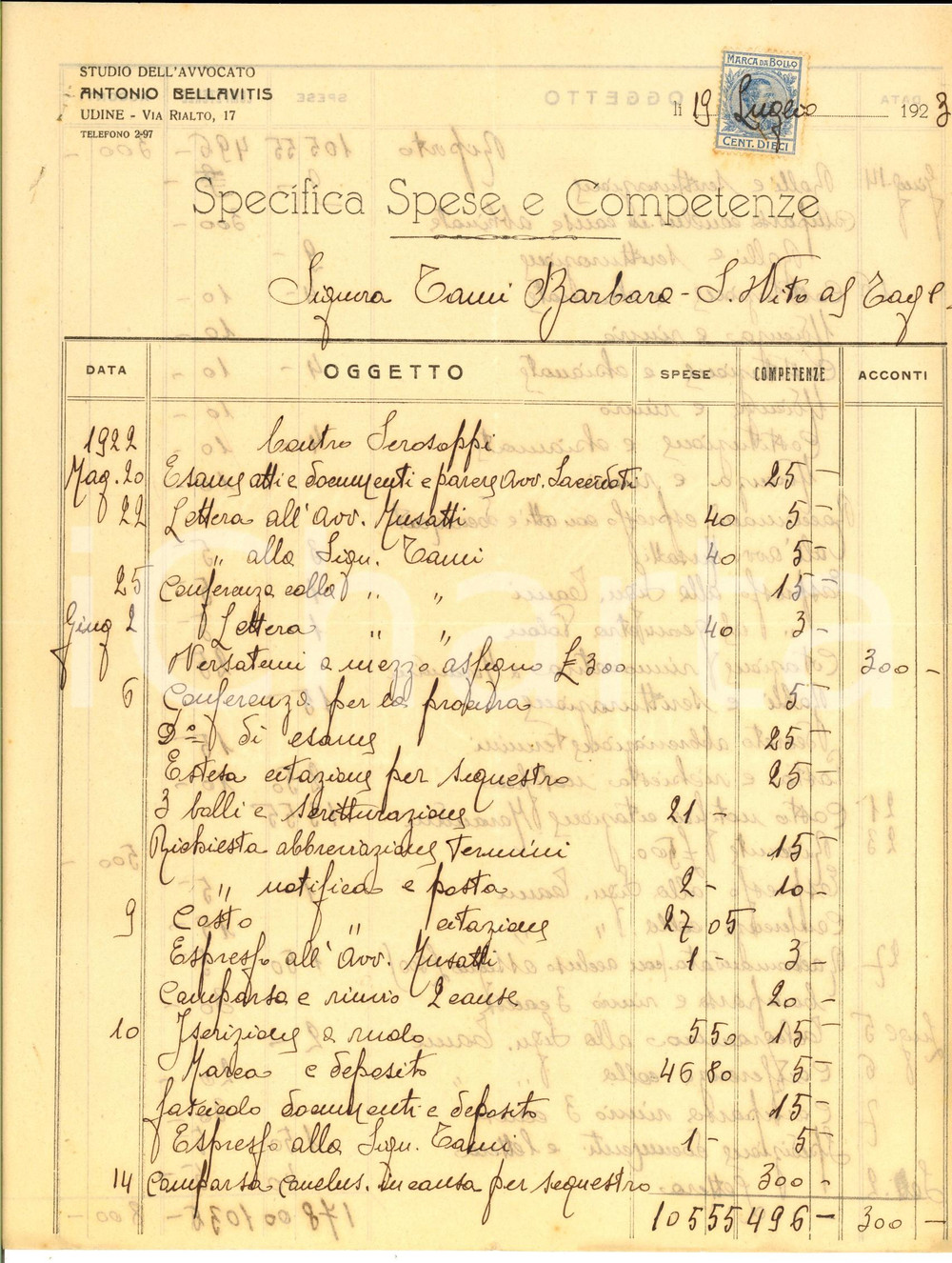 Documento originale, autentico 1923 UDINE Competenze avv. Antonio BELLAVITIS Specifica su carta intestata 1