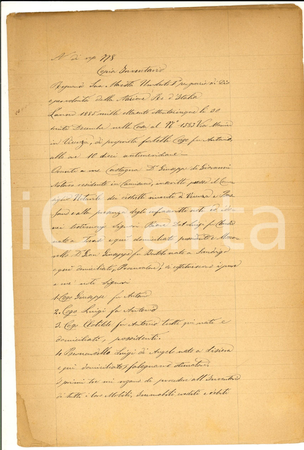 Documento originale, autentico 1885 VICENZA Inventario famiglia COGO beni mobili e immobili *Manoscritto 1
