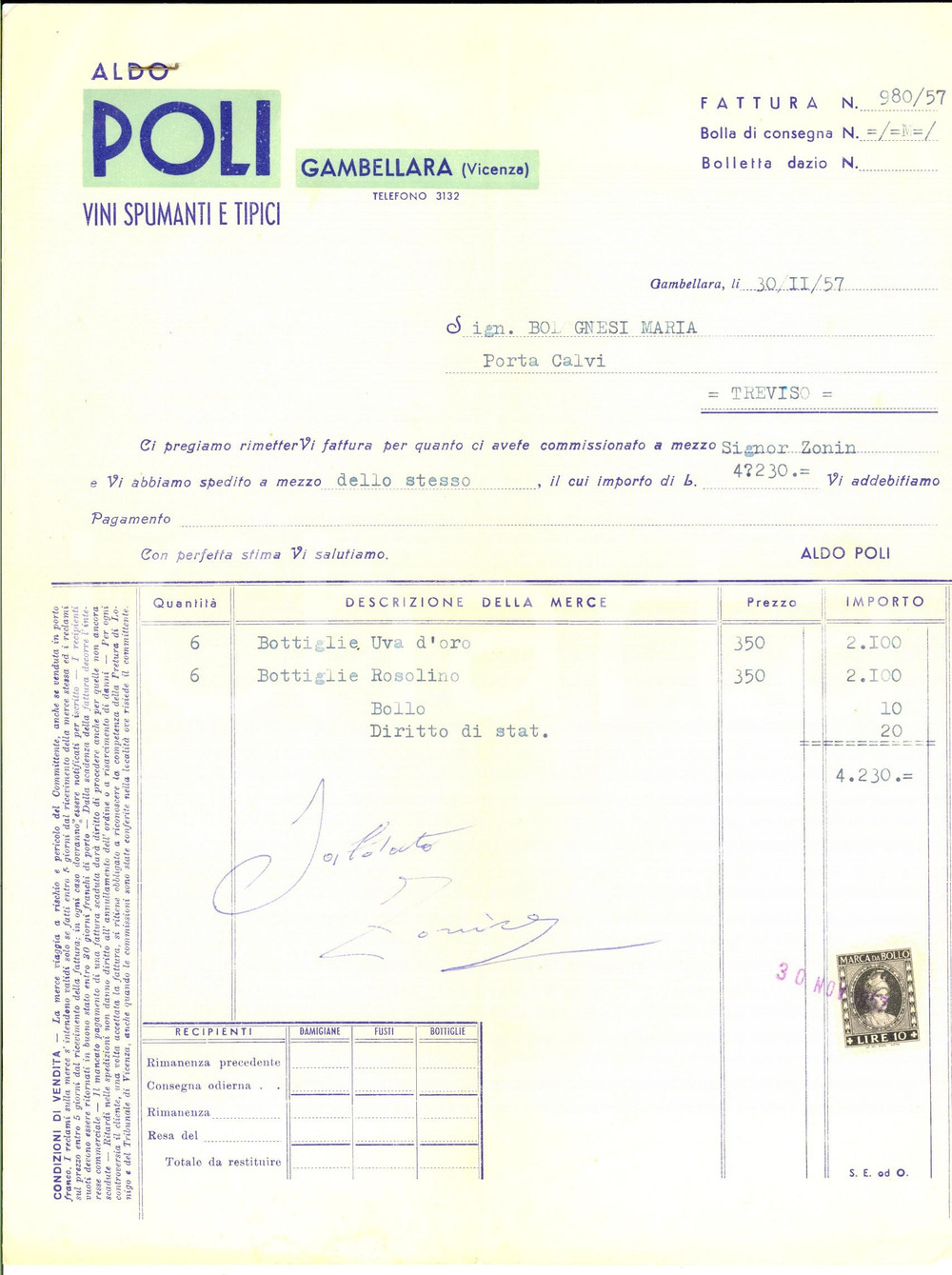 Documento originale, autentico 1957 GAMBELLARA VI Ditta Aldo POLI vini e spumanti Fattura intestata 1