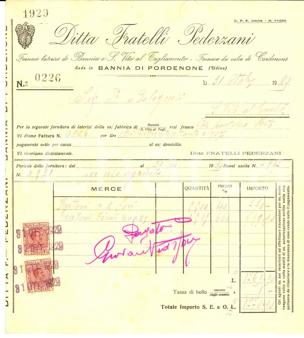 Documento originale, autentico 1929 BANNIA PORDENONE Ditta Fratelli PEDERZANI Laterizi Fattura intestata 1