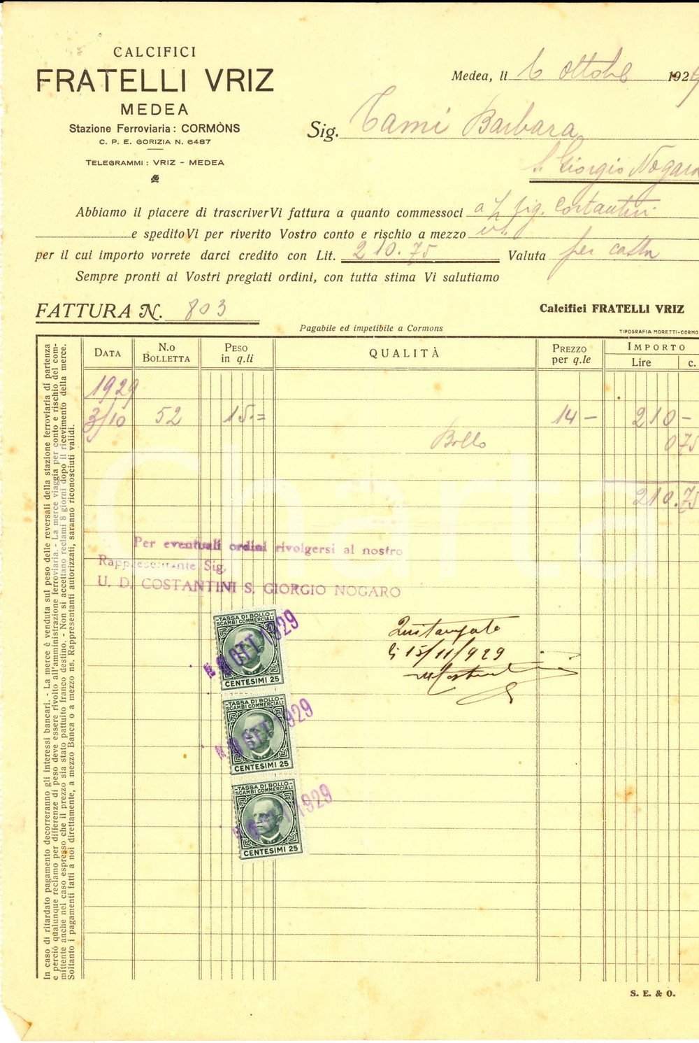 Documento originale, autentico 1929 MEDEA GO Calcifici Fratelli VRIZ  Fattura intestata 1