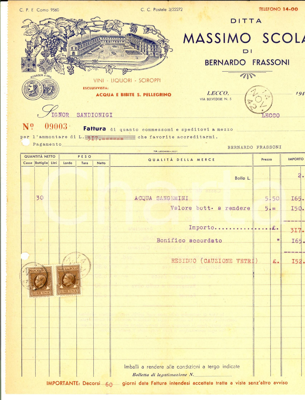 Documento originale, autentico 1942 LECCO Ditta Massimo SCOLA - Fattura per acqua SANGEMINI intestata 1