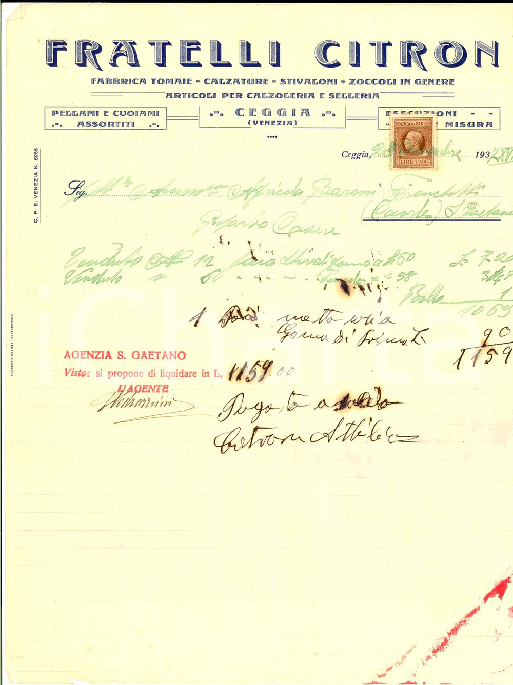 Documento originale, autentico 1937 CEGGIA (VE) Ditta FRATELLI CITRON Fabbrica tomaie e calzature *Conto 1
