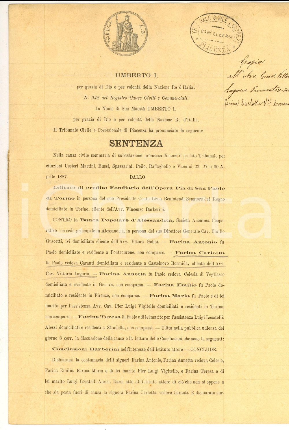 Documento originale, autentico 1887 ROTTOFRENO (PC) Sentenza pro Istituto SAN PAOLO di TORINO vs eredi FARINA 1