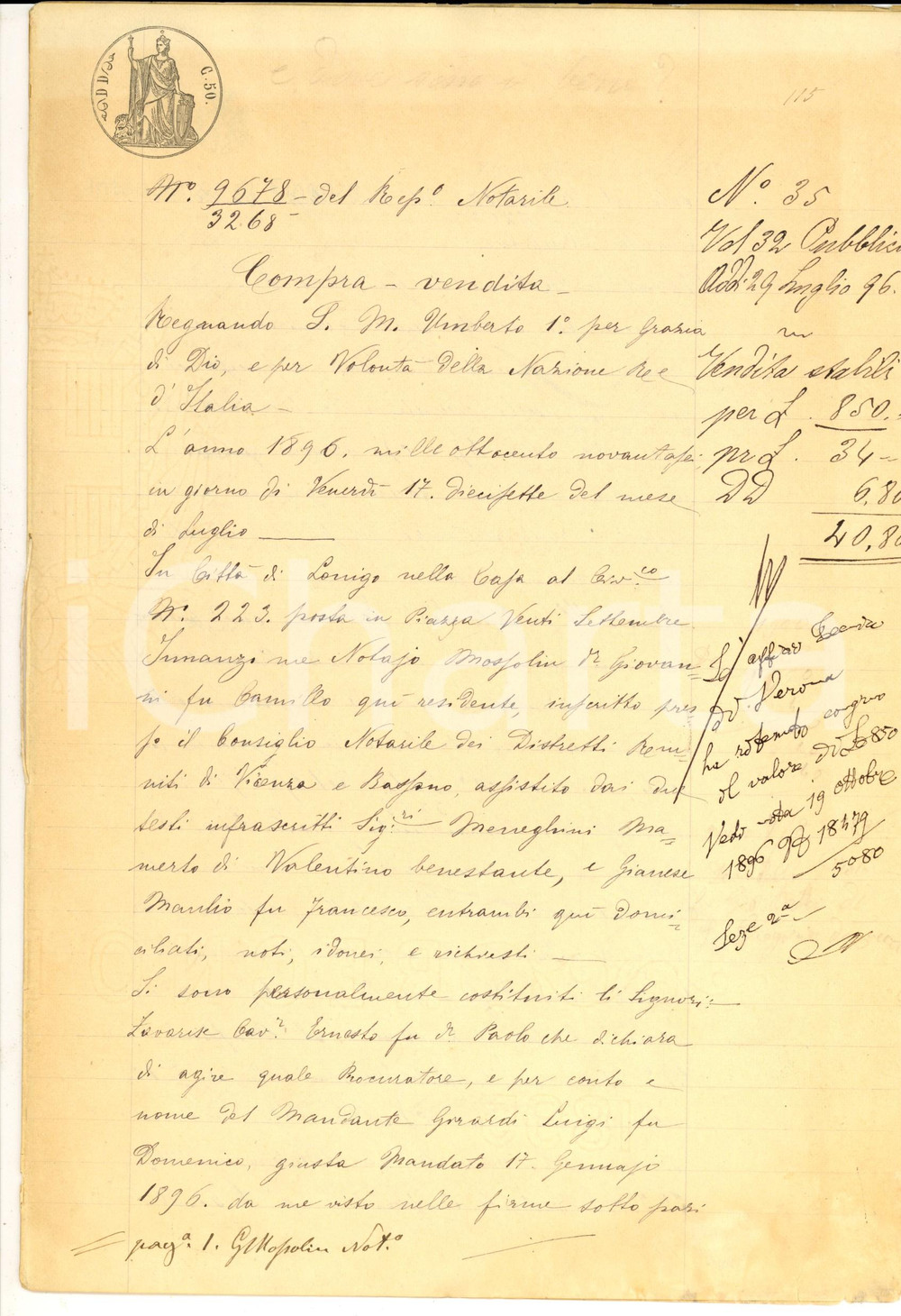 Documento originale, autentico 1896 LONIGO  (VI) Luigi GIRARDI vende case a Girolamo DONATELLO *Manoscritto 1