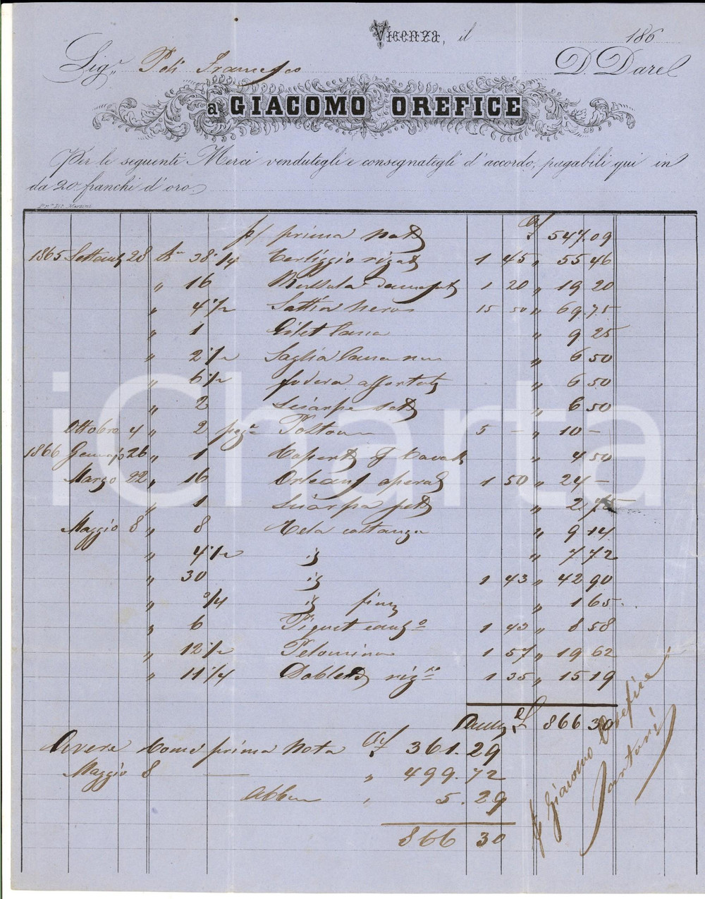 Documento originale, autentico 1866 VICENZA Giacomo OREFICE Fornitura tele e stoffe *Fattura intestata 1