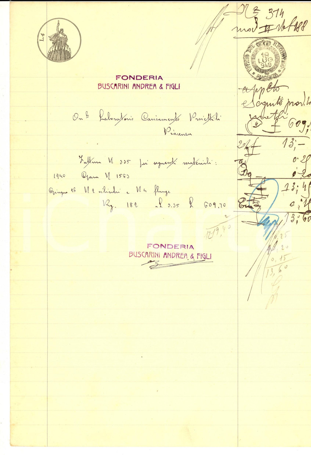 Documento originale, autentico 1940 PIACENZA Fonderia Andrea BUSCARINI& Figli - Fattura per cilindri e flange 1