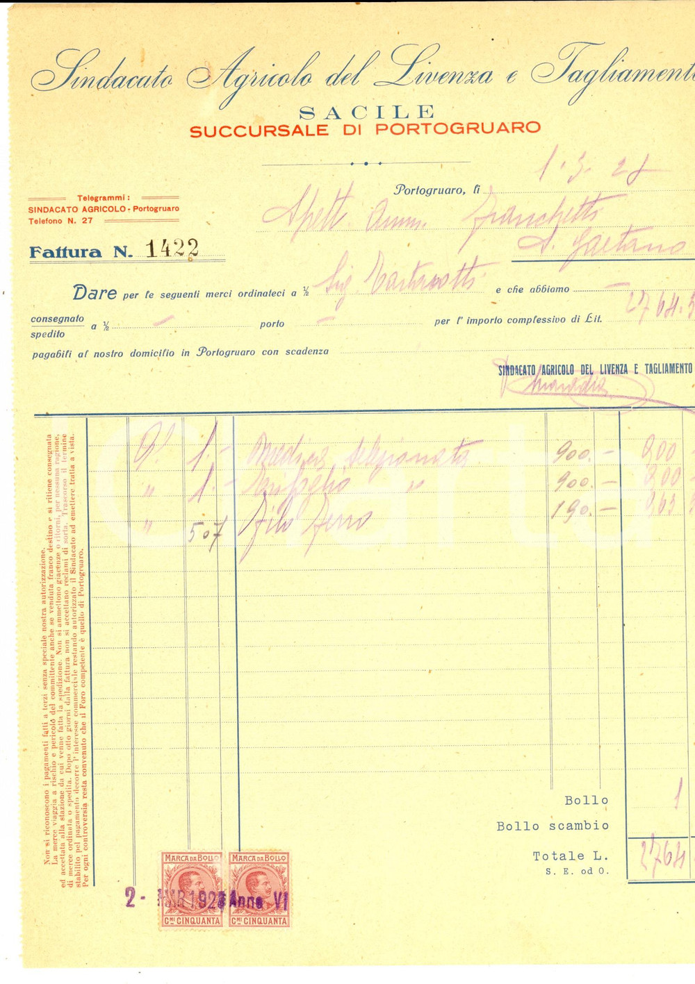 Documento originale, autentico 1928 SACILE (PN) Sindacato Agricolo del Livenza e Tagliamento *Fattura 1