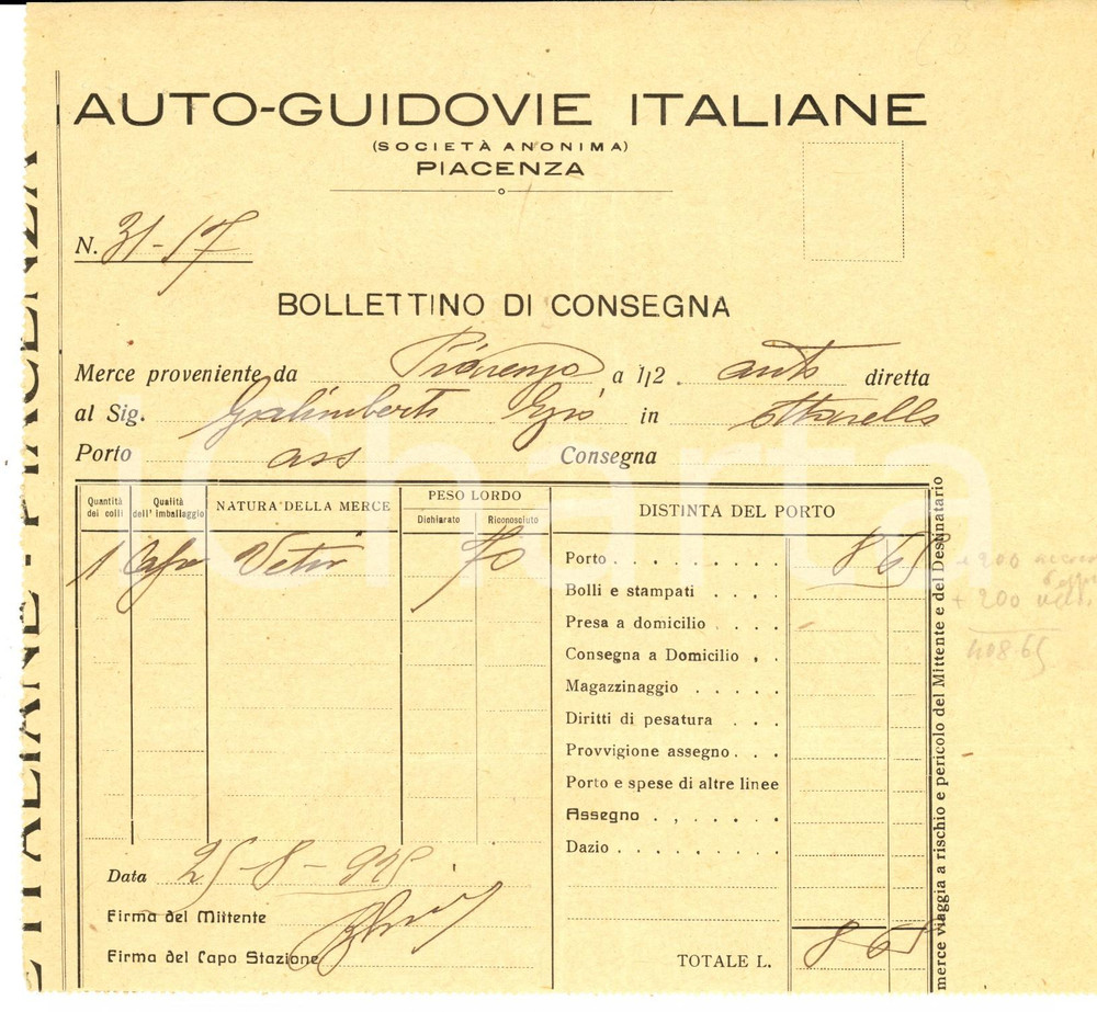 Documento originale, autentico 1925 PIACENZA Società AUTOGUIDOVIE ITALIANE Bollettino di consegna per vetri 1