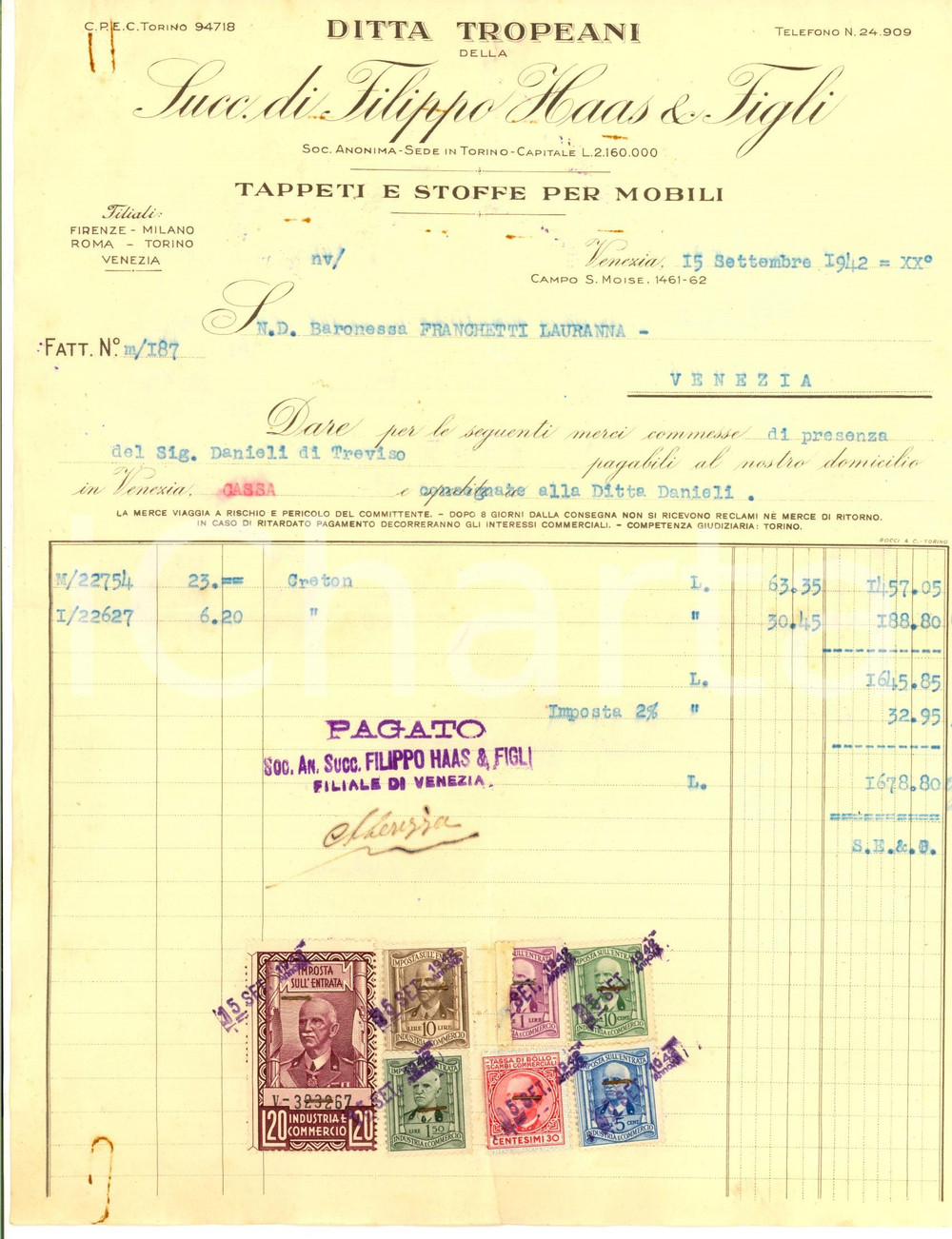 Documento originale, autentico 1942 VENEZIA Ditta TROPEANI successori Filippo HAAS & Figli Tappeti e stoffe 1