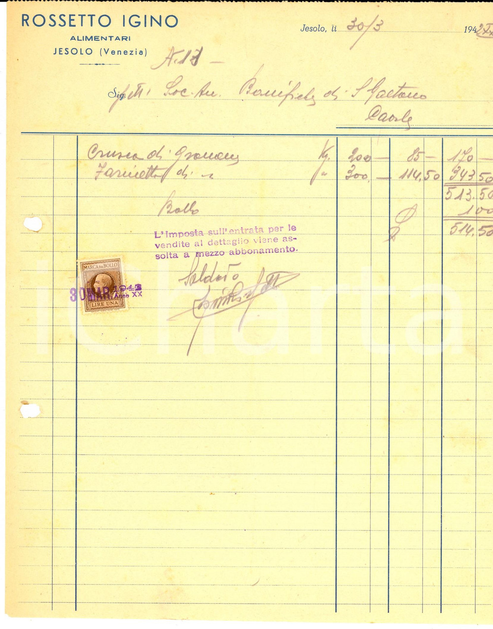 Documento originale, autentico 1942 JESOLO (VE) Ditta Igino ROSSETTO alimentari *Fattura intestata per crusca 1